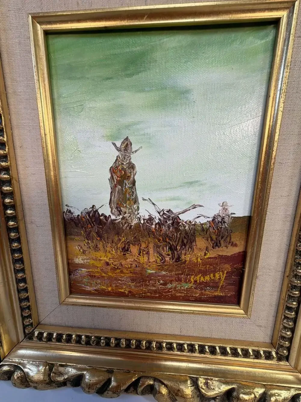 Vintage‎ RC Stanley Western Cowboy Oil Painting on Canvas in Ornate Gold Frame